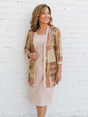 Vintage R&M Richards Metallic Dress Jacket Set Gold Petite 16 Mother Bride